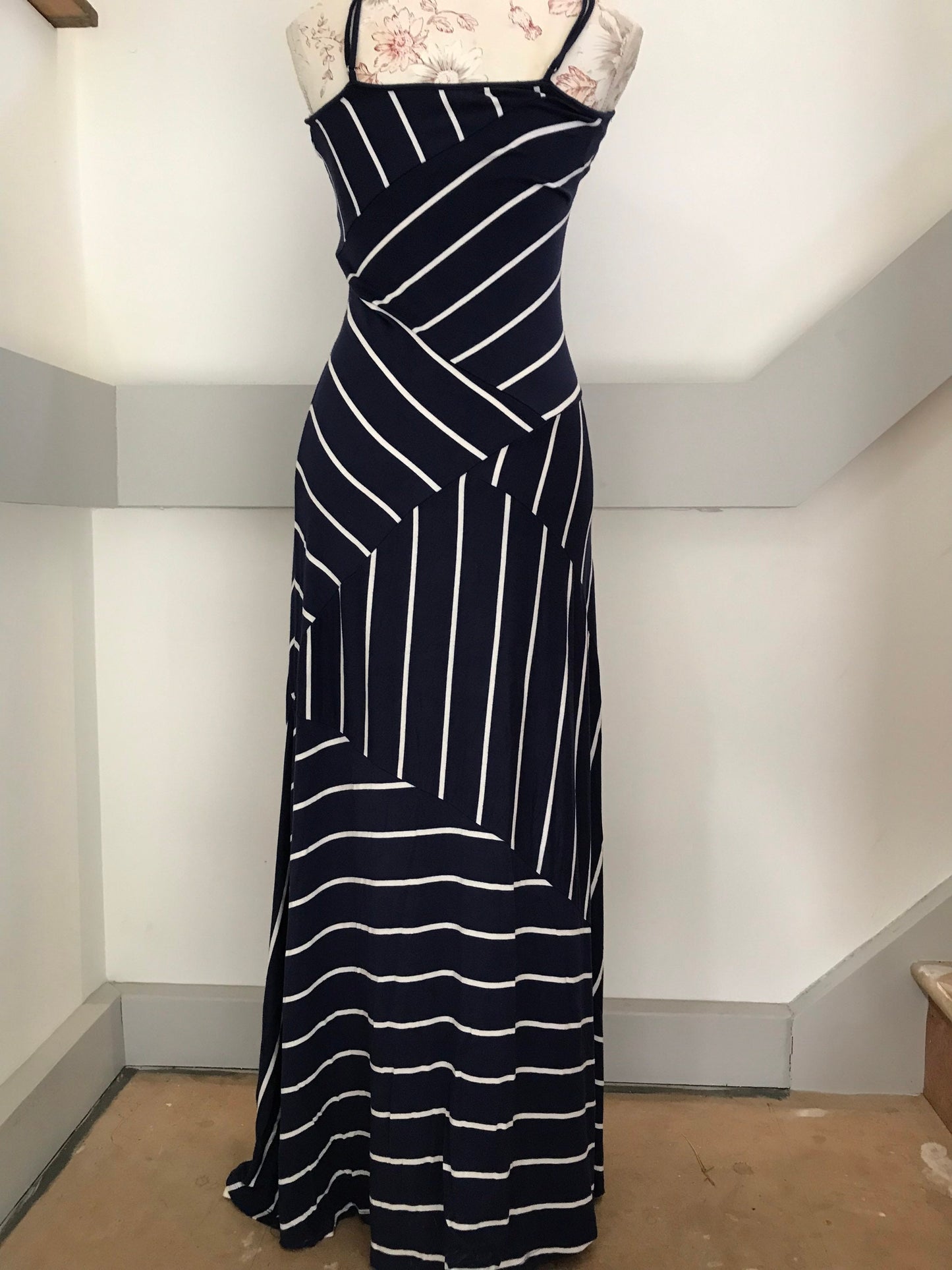 Vintage Dresses - Vintage Maxi Dress - 1990s Calvin Klein  - Navy and White Maxi Dress Size 10 UK - Frock33