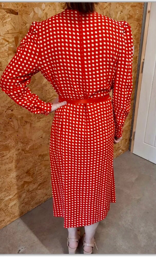 Vintage Clothing - Vintage Dress - Midi 1980s Dress Red and Cream Dots size 10 UK Occasion Dress - by Mansfield  - Frock33