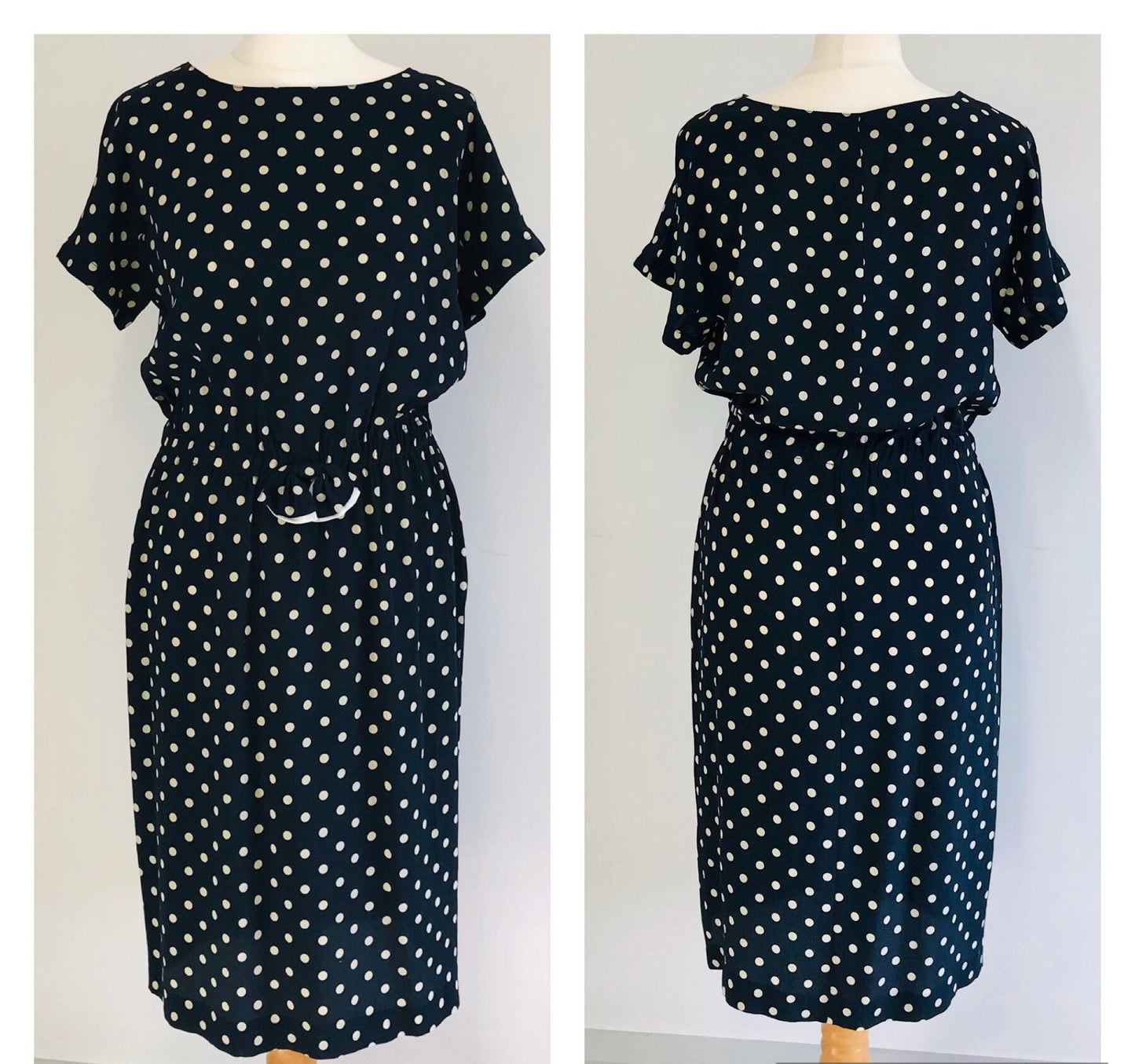 Vintage Dresses - Navy and White Midi  - Polka Dots - Size 12 With Bow at Waist