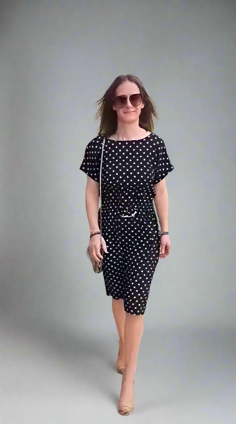 Vintage Dresses - Navy and White Midi  - Polka Dots - Size 12 With Bow at Waist