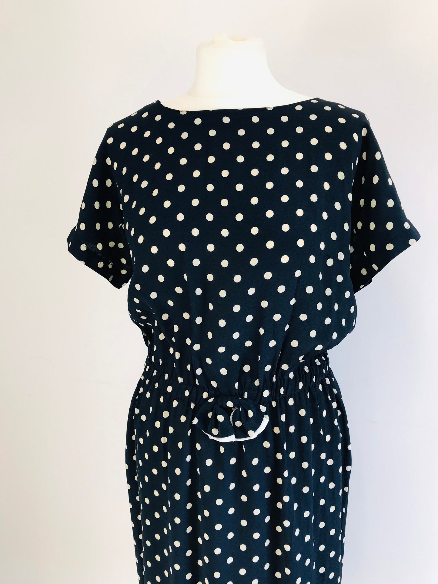 Vintage Dresses - Navy and White Midi  - Polka Dots - Size 12 With Bow at Waist