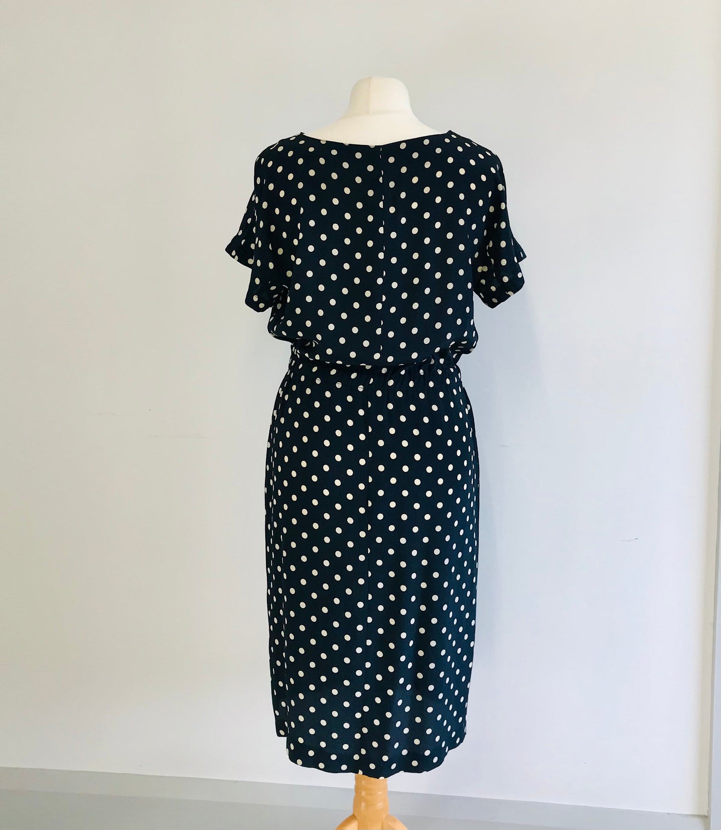 Vintage Dresses - Navy and White Midi  - Polka Dots - Size 12 With Bow at Waist