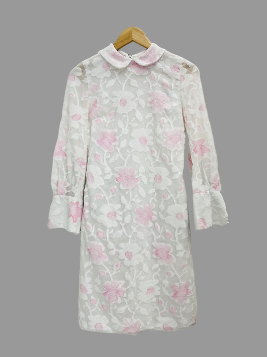 Vintage Clothing - Vintage Dress- 1960s White and Pink - Long sleeved- large cuffs with Buttons- petite dress Size 6