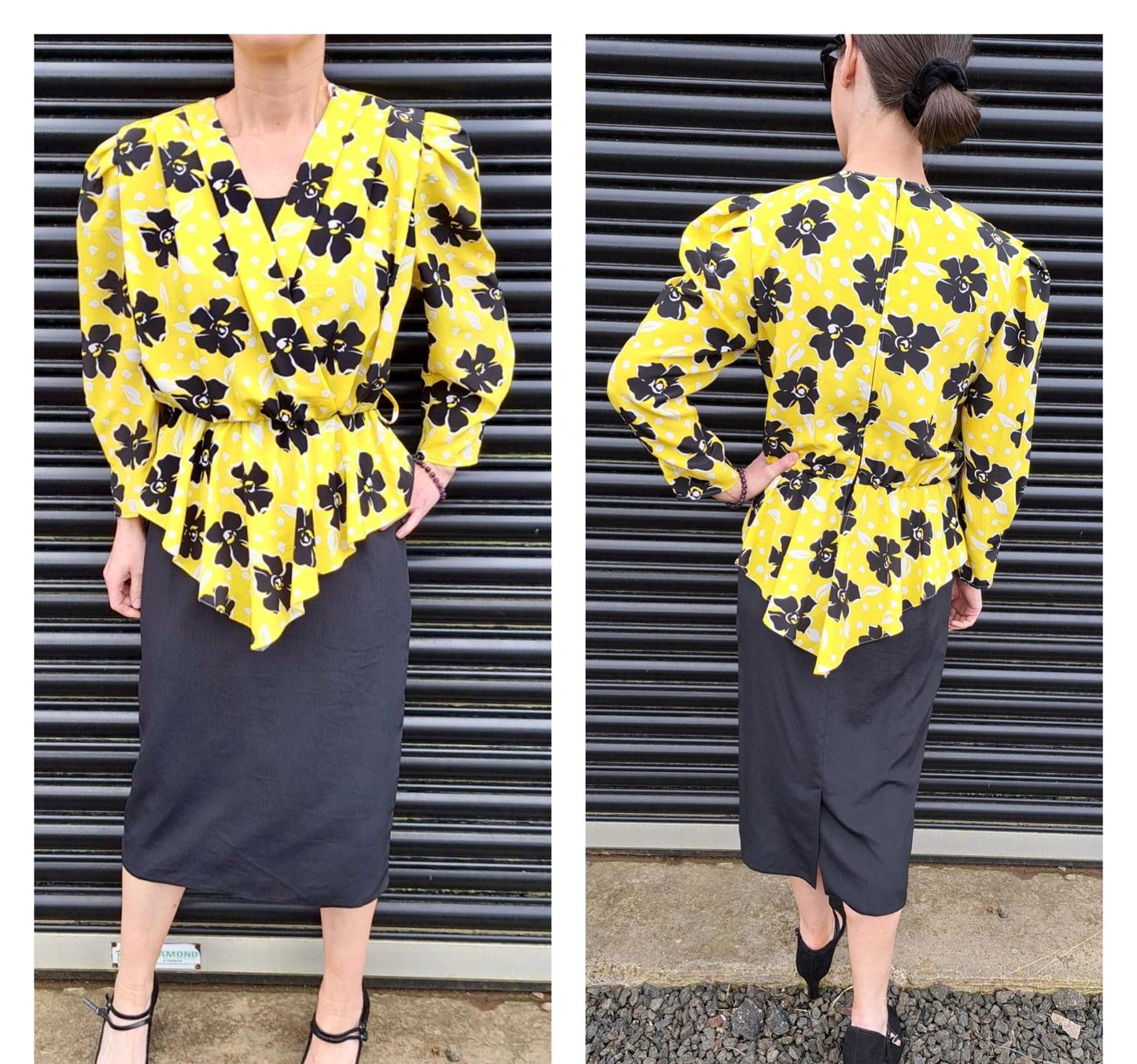 Vintage Dresses -Black and Yellow Midi 80s - Size 12 - Frock33