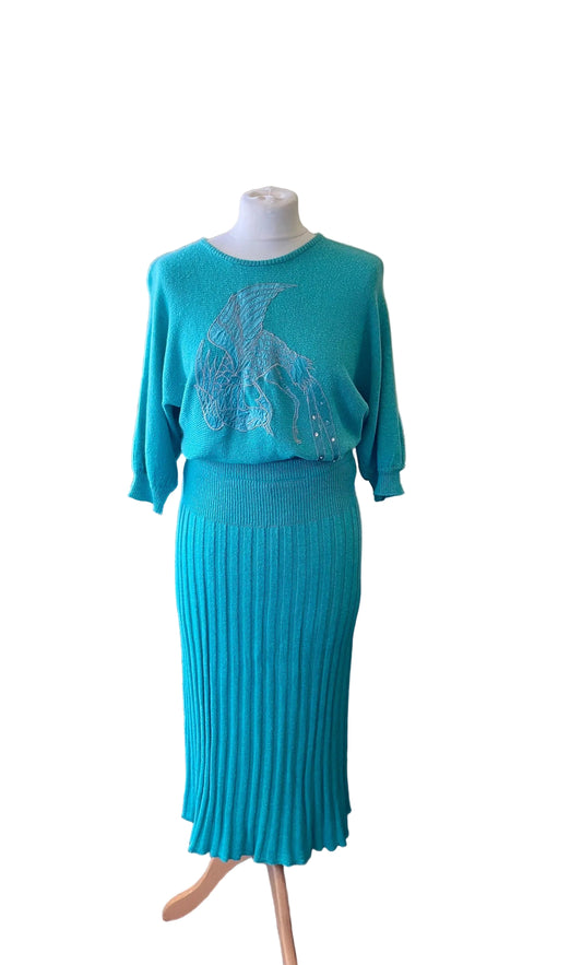 Vintage Clothing - Vintage Two Piece - 1980s -   Teal Blue Pleated Skirt and Top by Emerco  - Frock33