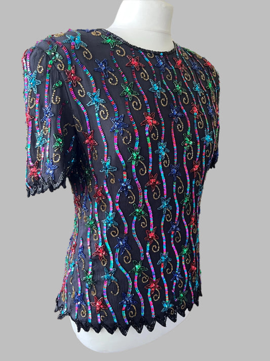 Vintage Clothing - Vintage 1980s Sequin Party Top – Black Multicolor Beaded Blouse (UK 10) - Frock33