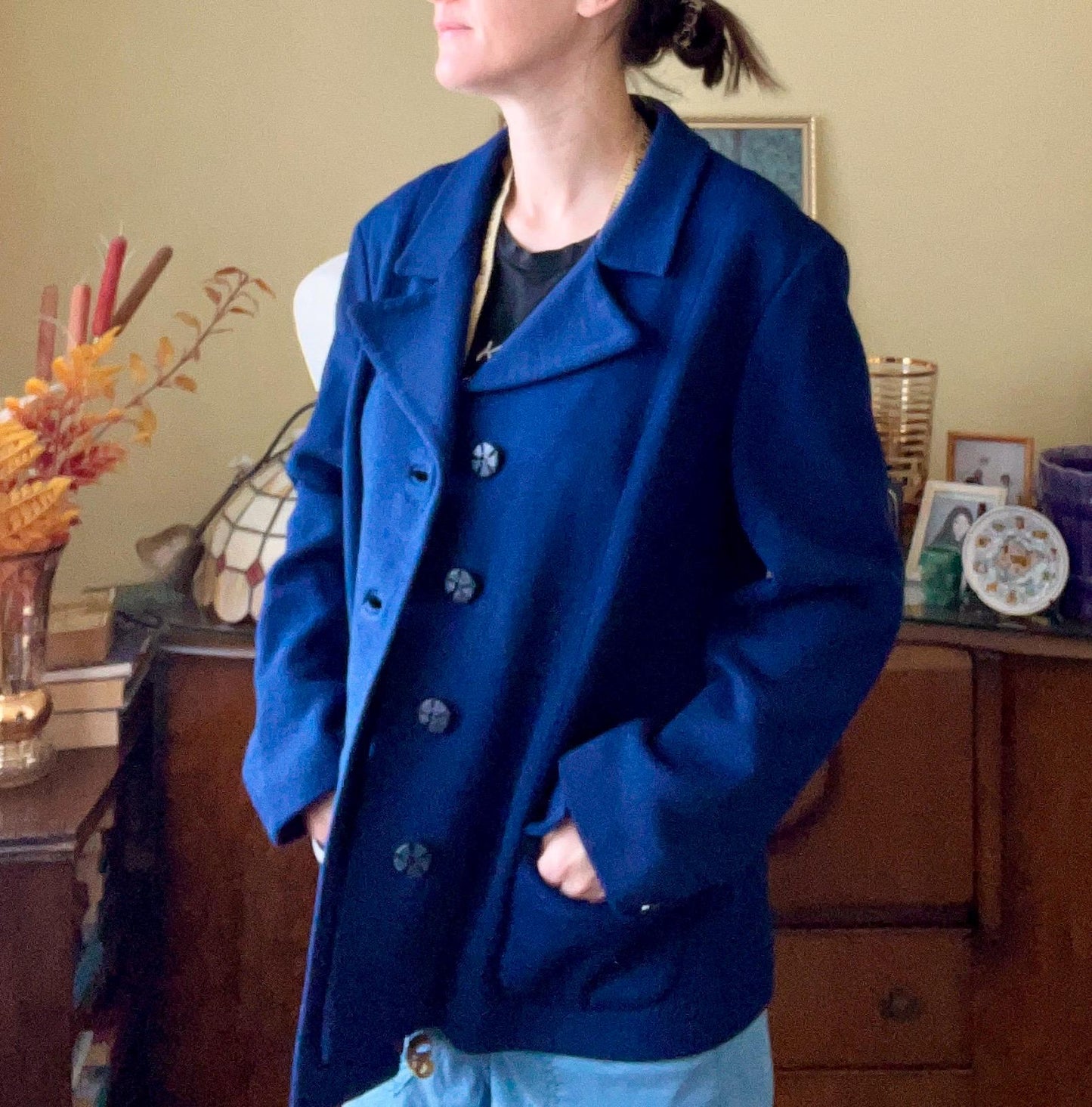 Vintage clothing-1970s Vintage Blazer Jacket Navy dark blue - Italian blazer - Double Knit Wool Blend - Size 12