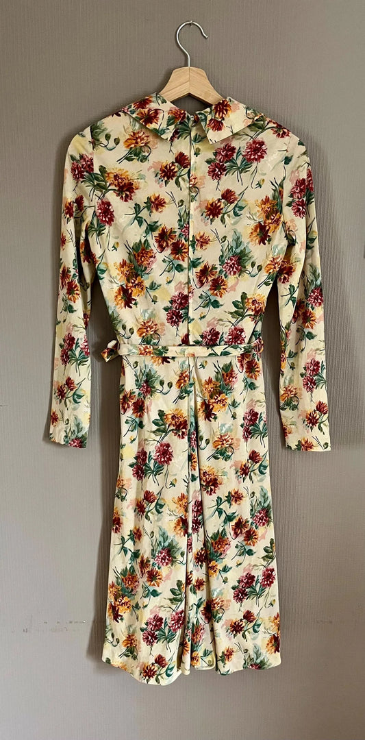 Vintage Dresses - Midi- Cream Autumnal 70s Fit n Flare - Belted - Size 12 - Frock33