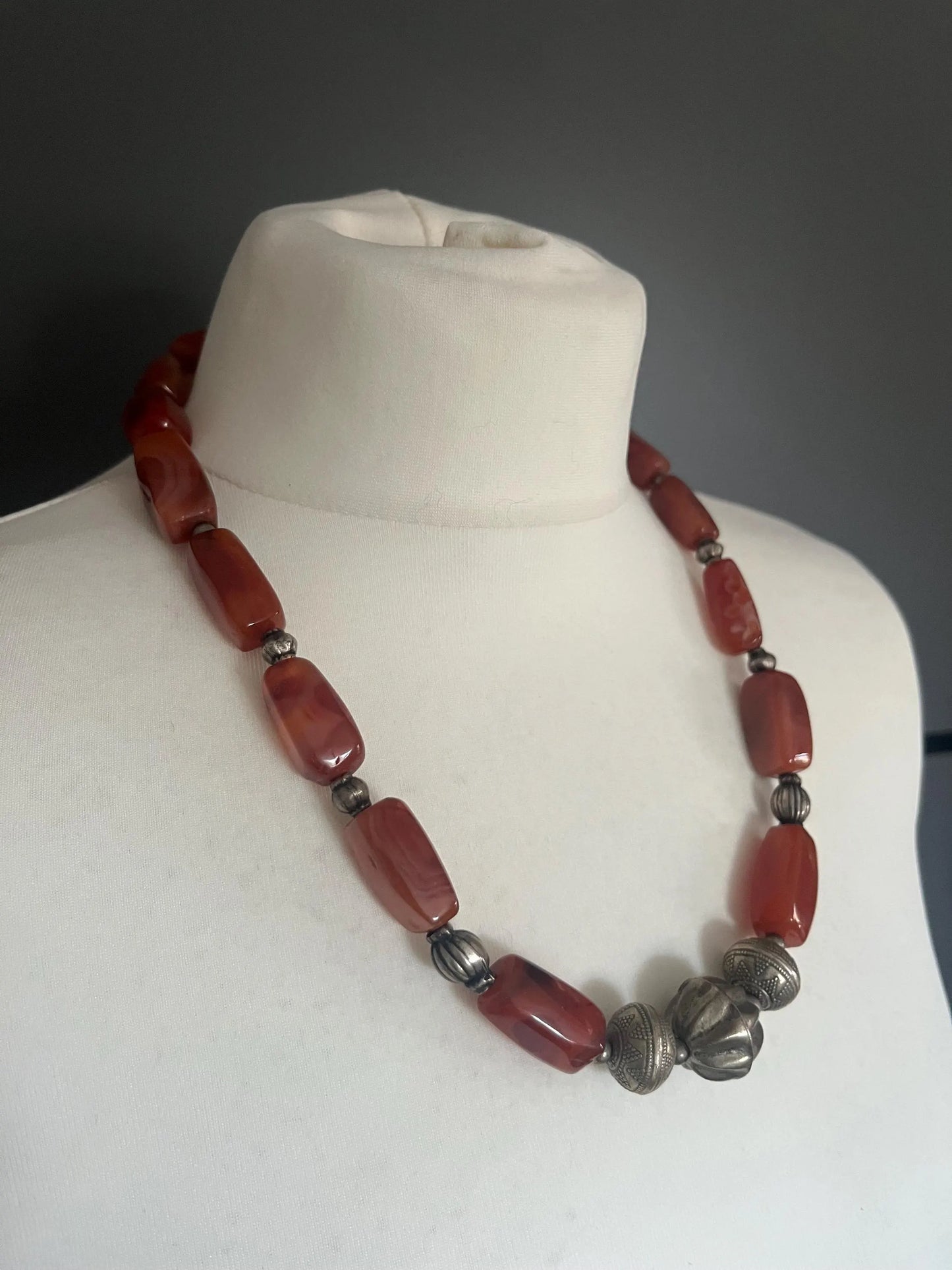 Vintage 1970s Boho Beaded Necklace | Chunky Brown Orange Stones | Silver Tone Accents | Statement Art Jewelry | Intricate Detailing - Frock33