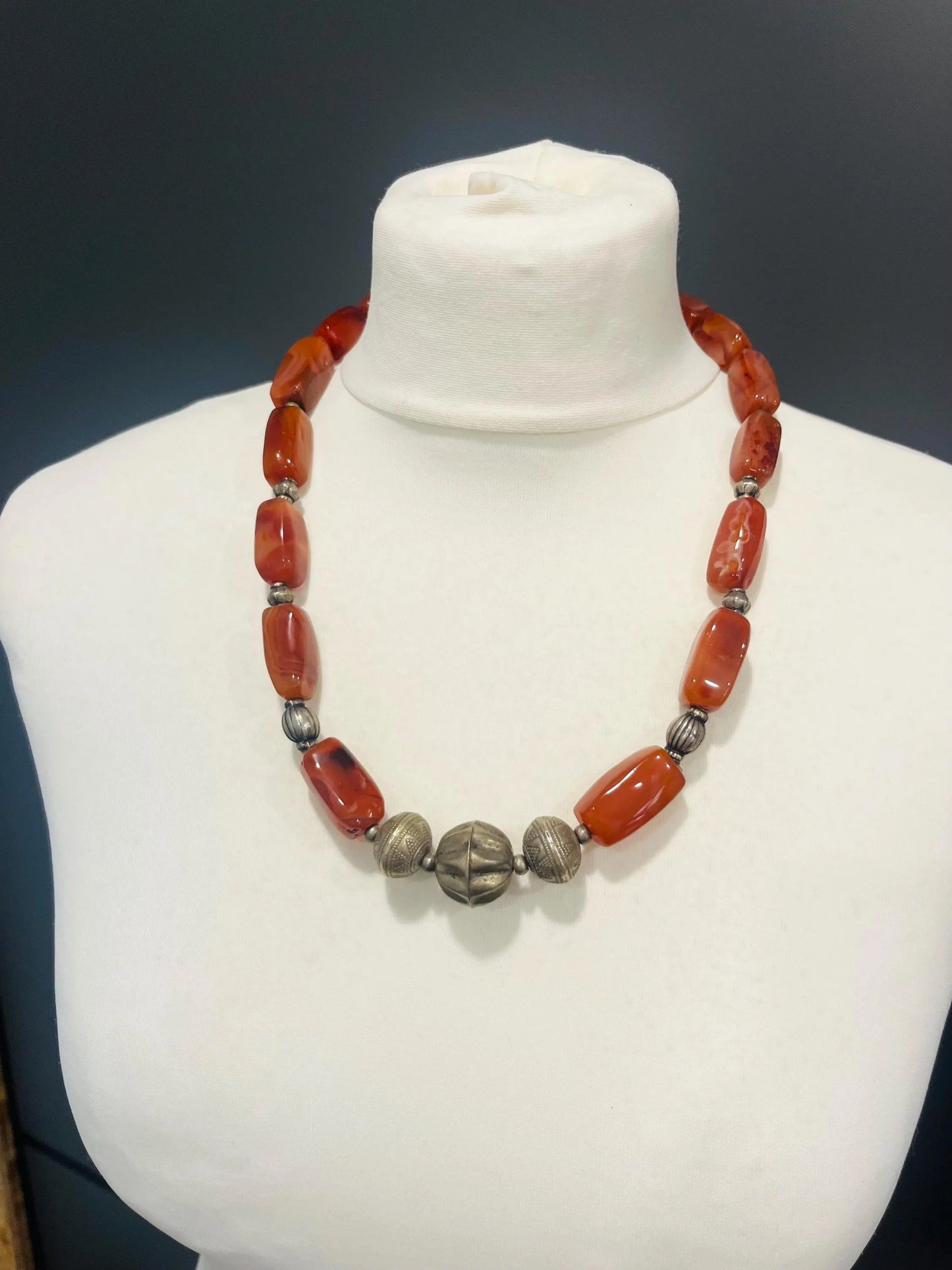 Vintage 1970s Boho Beaded Necklace | Chunky Brown Orange Stones | Silver Tone Accents | Statement Art Jewelry | Intricate Detailing - Frock33