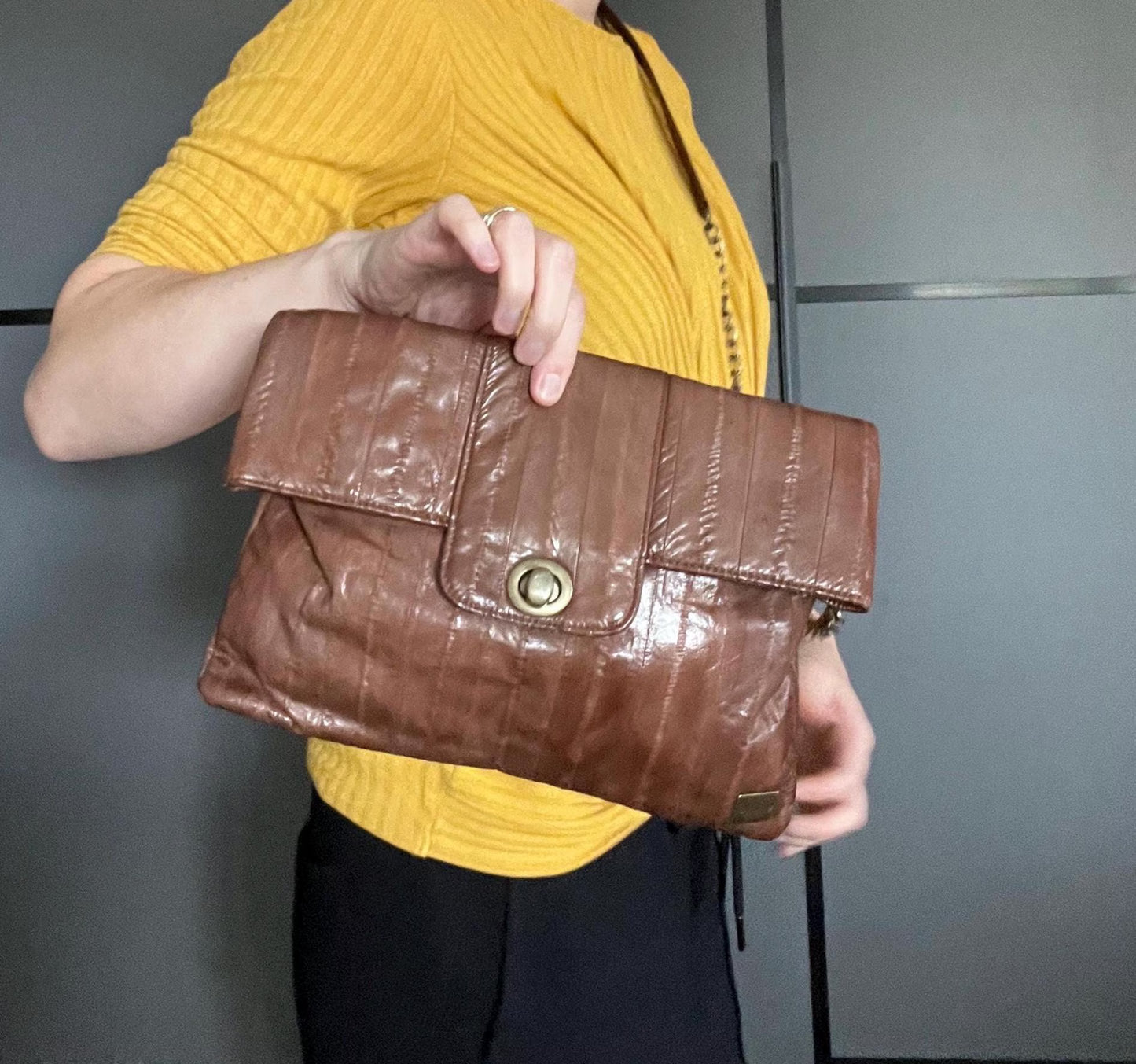 Vintage Sustainable Leather | BoBelle London |Eel Skin Shoulder Bag |Brown Leather | Chain Strap Purse