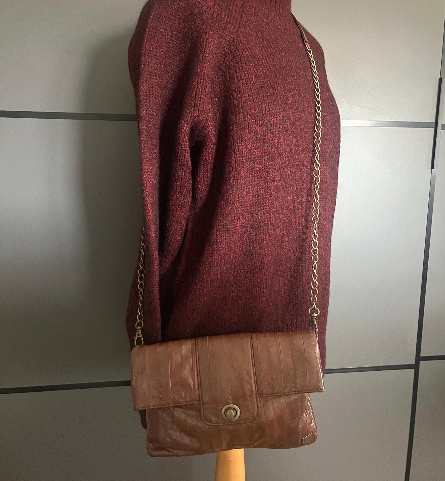 Vintage Sustainable Leather | BoBelle London |Eel Skin Shoulder Bag |Brown Leather | Chain Strap Purse