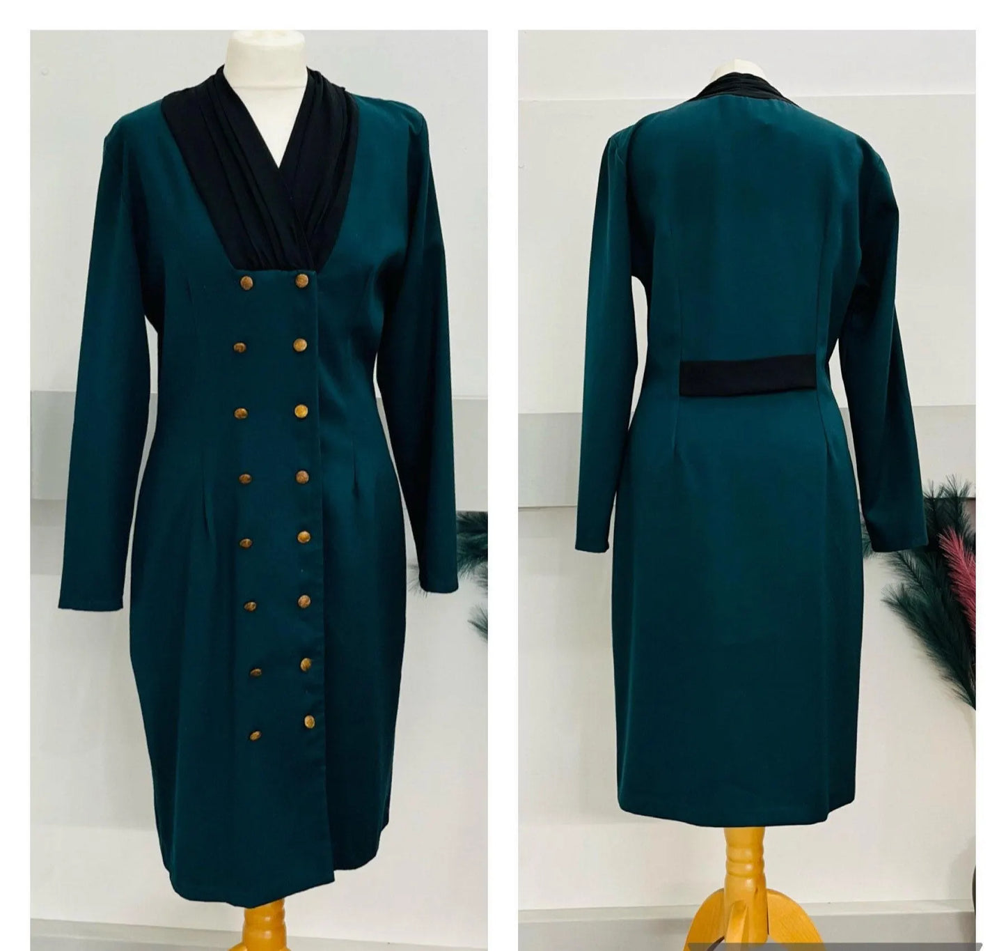 Vintage Dresses | 1980s Dark Green and Black Pencil Dress Size 10-12 UK | Frock33