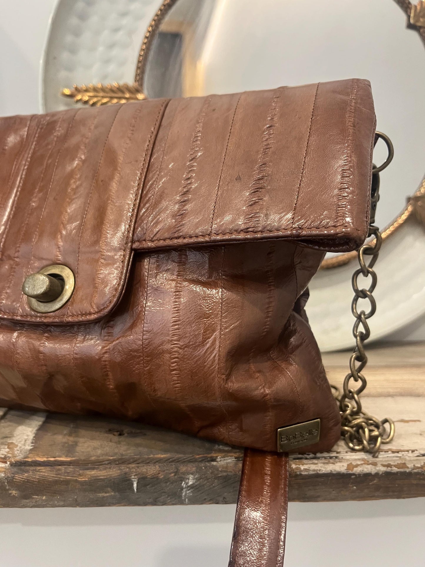 Vintage Sustainable Leather | BoBelle London |Eel Skin Shoulder Bag |Brown Leather | Chain Strap Purse