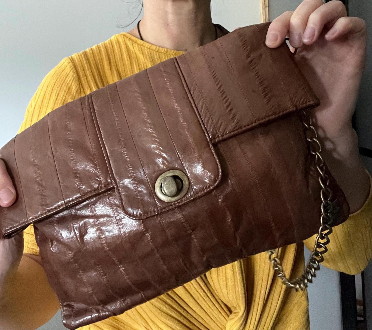 Vintage Sustainable Leather | BoBelle London |Eel Skin Shoulder Bag |Brown Leather | Chain Strap Purse