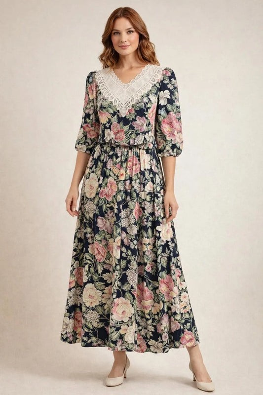Vintage Clothing | Vintage Floral Maxi Dress |Folk Boho Lace Collar Cottage core | Size 14/16| Frock33