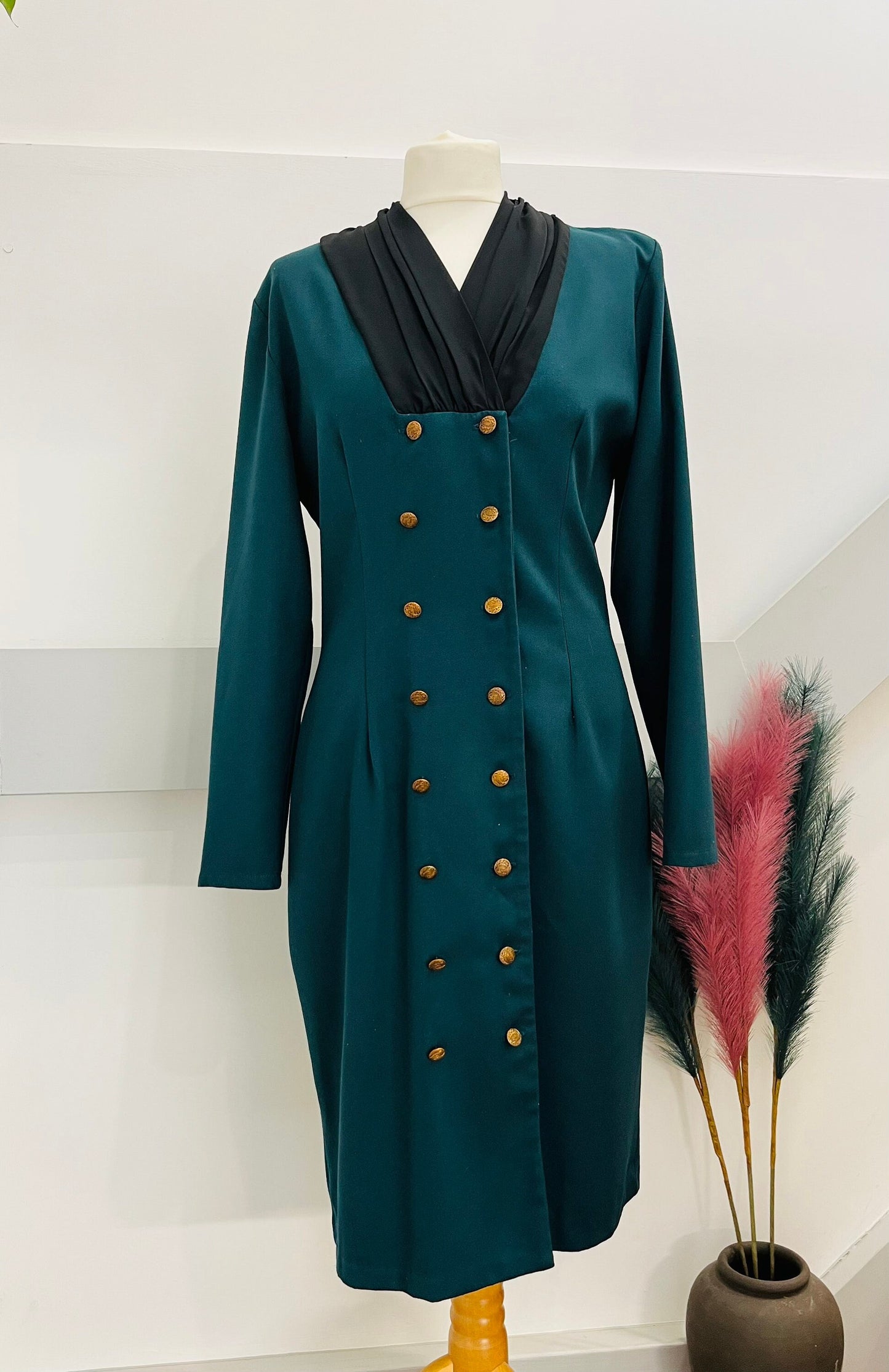 Vintage Dresses | 1980s Dark Green and Black Pencil Dress Size 10-12 UK | Frock33
