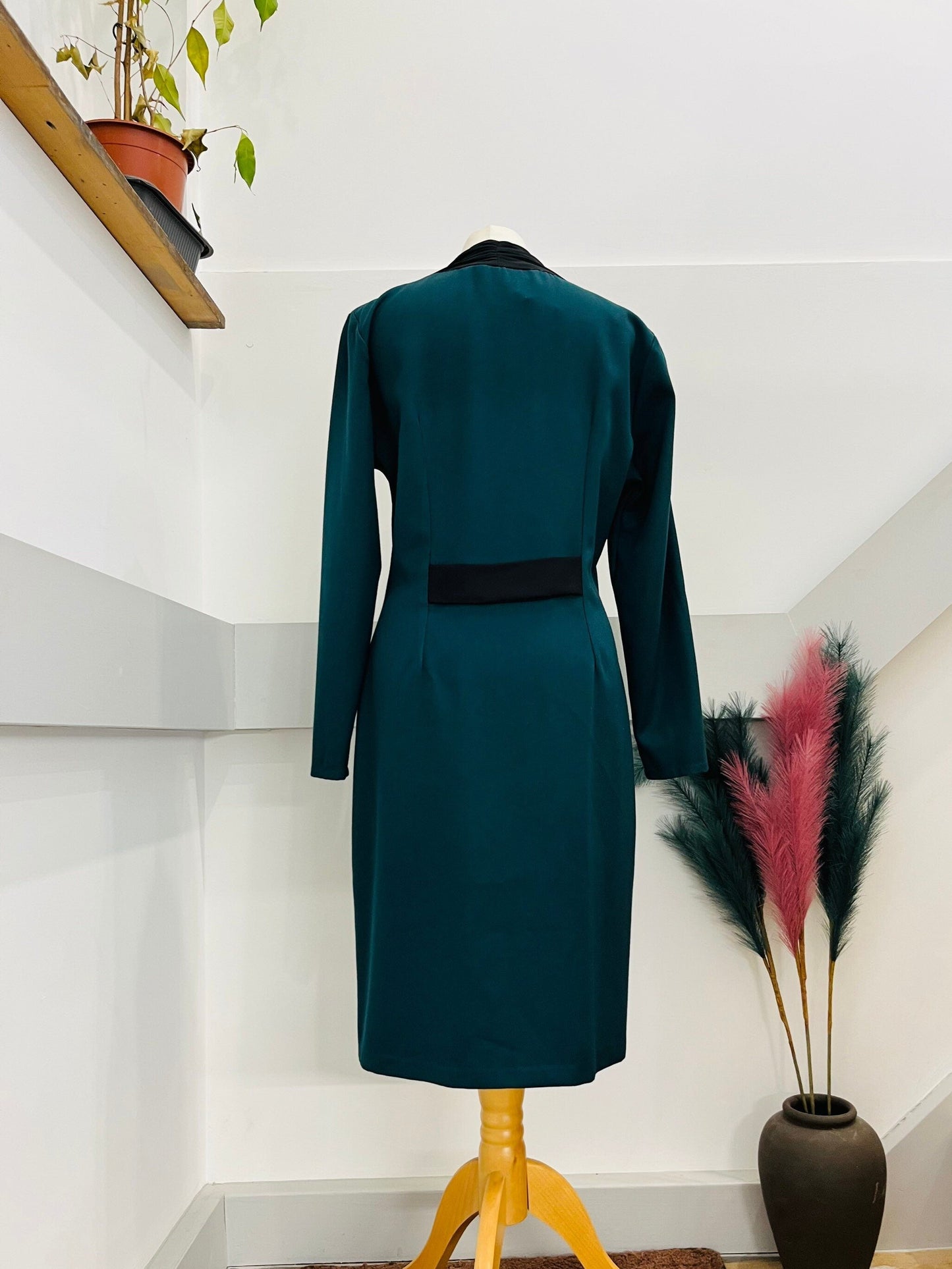 Vintage Dresses | 1980s Dark Green and Black Pencil Dress Size 10-12 UK | Frock33